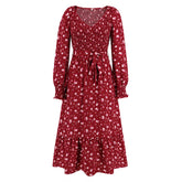 Robe longue à smocks, coupe slim, amincissante, manches longues, col en V, motif floral